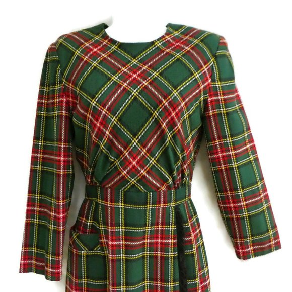 Talbots 80s Dress Tartan Green Plaid Gold Buttons Pocket Vertical Fringe Trim - Picture 1 of 11